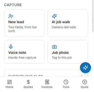 AceWatt on a phone with capture buttons for a new lead, an AI job walk, a voice note, and a job photo, above the Home, Quotes, Invoices, Time, and Quick tabs